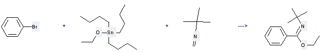 The Stannane,tributylethoxy- can react with Bromobenzene to get N-tert-Butyl-benzimidic acid ethyl ester